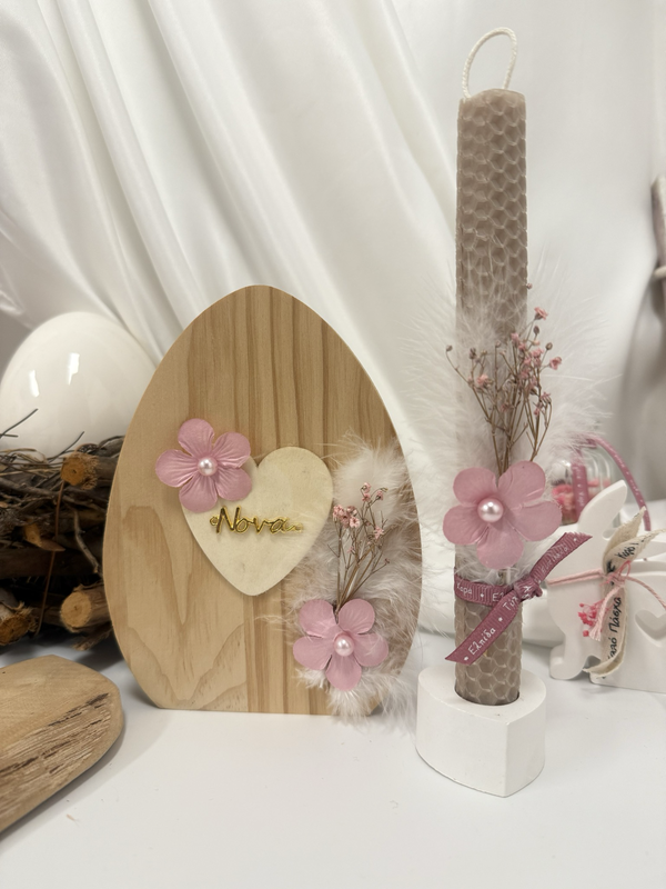 Osterei Holz im SET mit Bienenwachskerze inkl Herz Kerzenhalter aus Raysin gegossen
