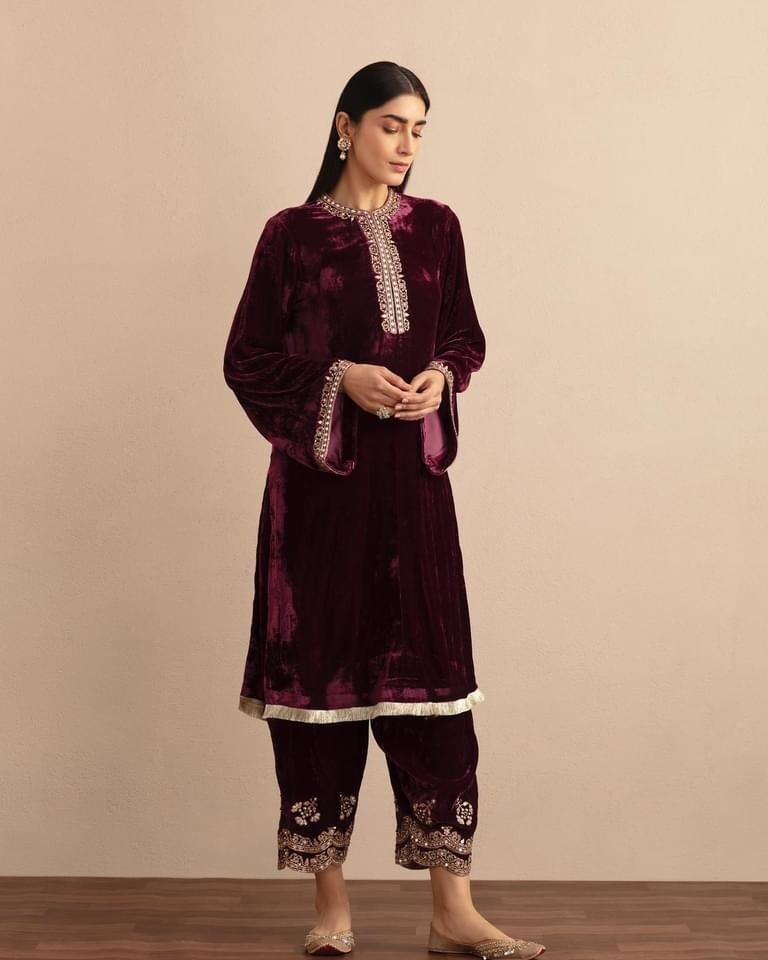 Burgundy silk velvet kurta &amp; shalwar with hand embroidered detailing