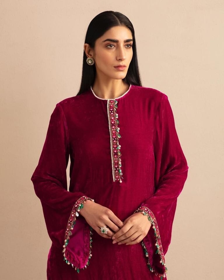 Fuchisia silk velvet kurta and shalwar hand embroidered