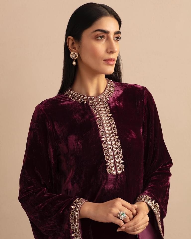 Burgundy silk velvet kurta &amp; shalwar with hand embroidered detailing