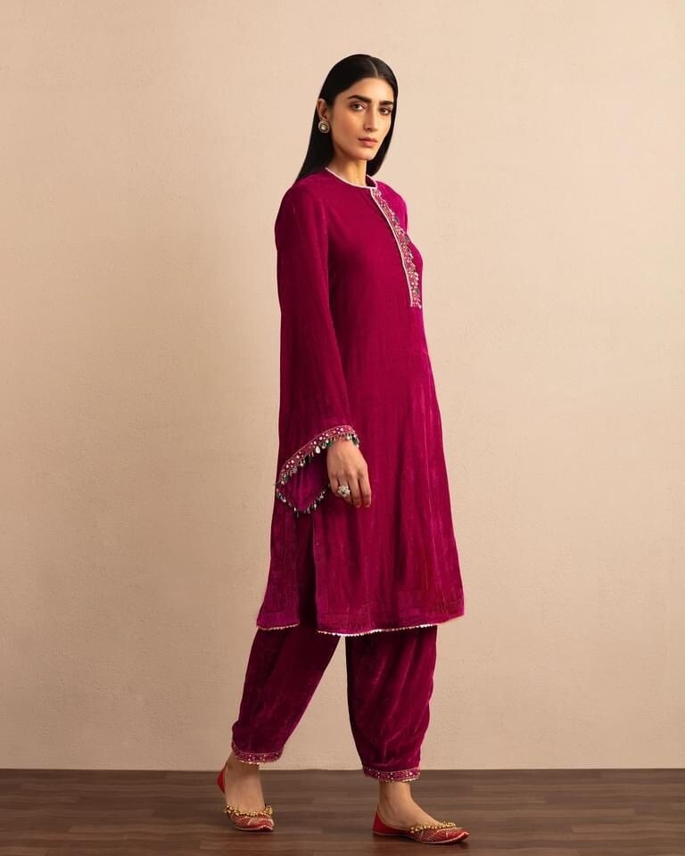 Fuchisia silk velvet kurta and shalwar hand embroidered