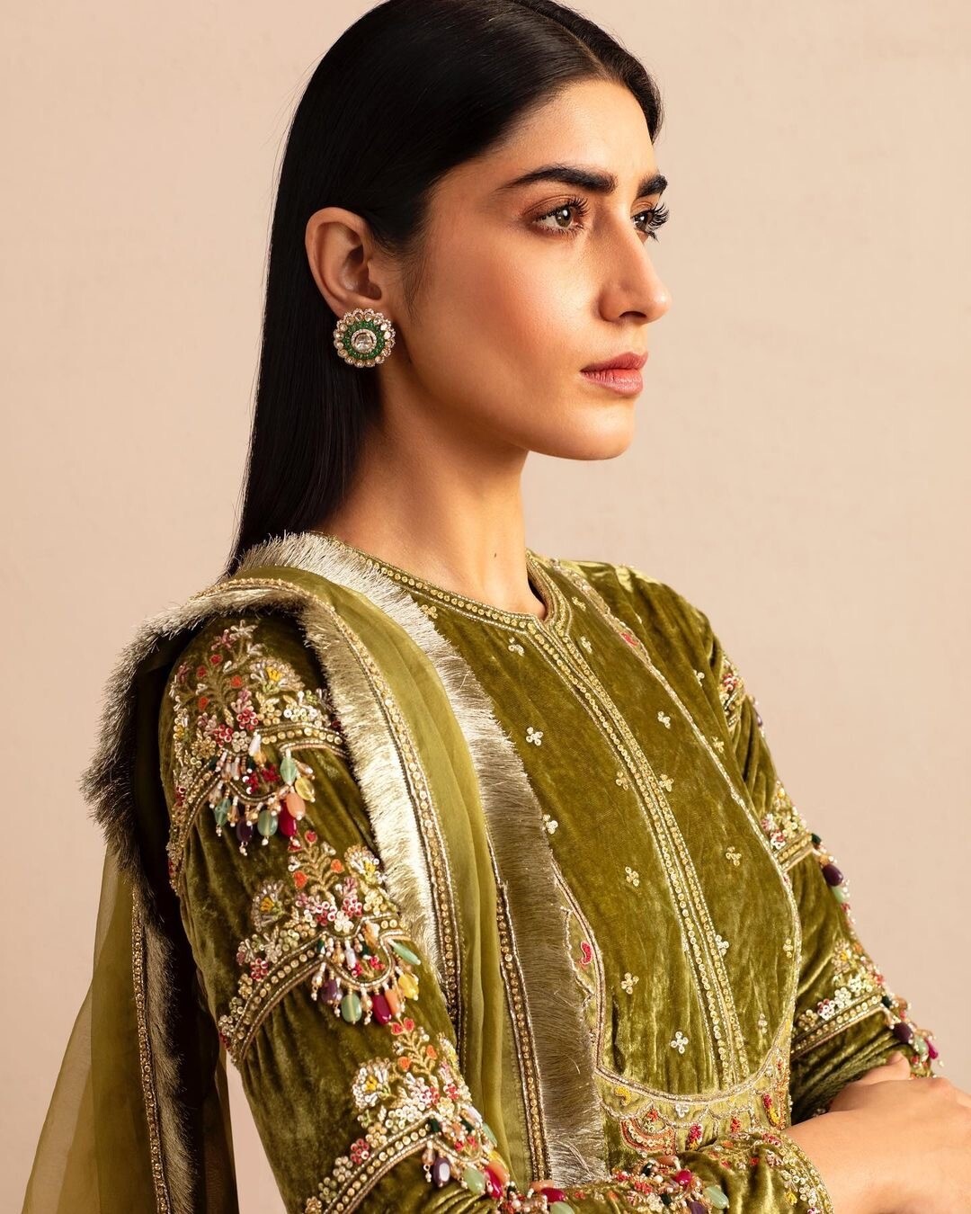 Olive Green silk velvet anarkali gown with jewel embellishments &amp; organza dupatta