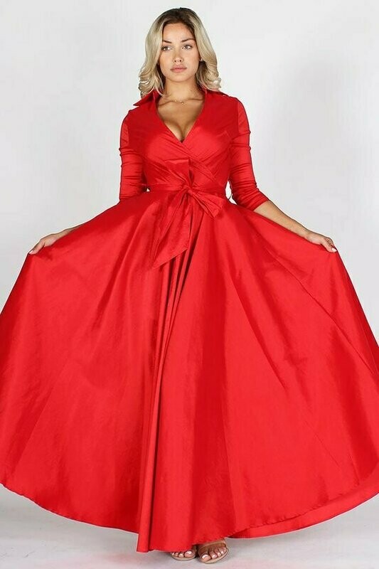 Taffeta wrapped a-line maxi dress with collar, v-neckline, waist tie, 3/4 sleeves, and zipper closure at back