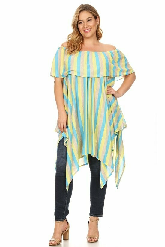 Striped off shoulder tunic with a ruffle trim layer and asymmetric hem.
