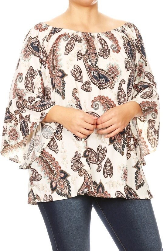 Paisley print top with 3/4 bell sleeve. Can be worn off the shoulder