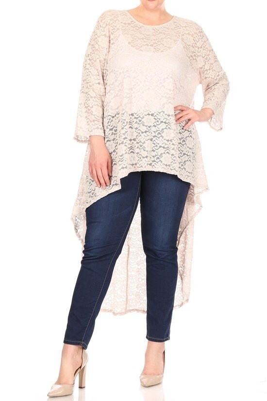 Lace 3/4 sleeve top with hi-lo hem and loose fit