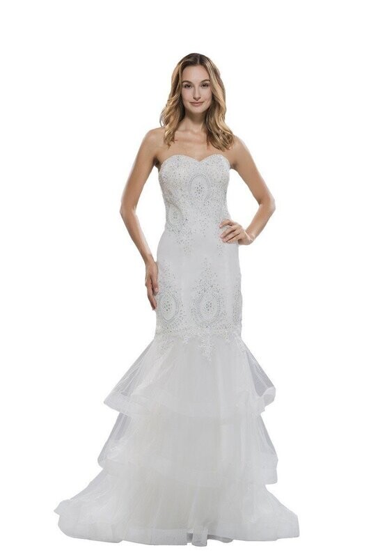 This bridal dress comes with a unique bottom and embellishments on the bodice.