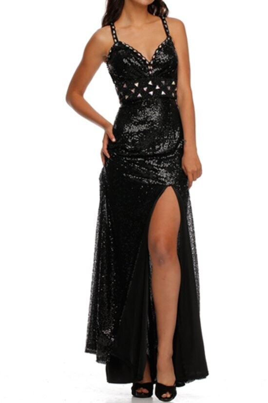 Fully sequins dress with side slit and beaded waistband