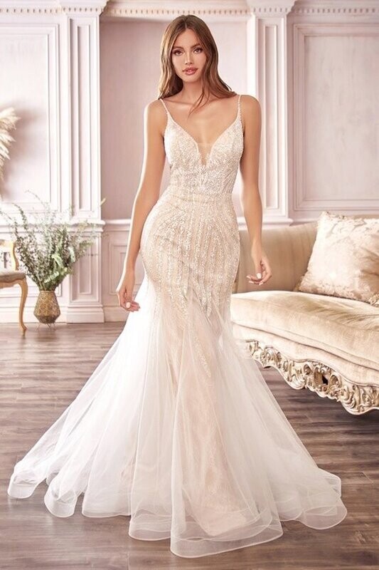 Sheer layered tulle and chantilly lace wedding gown embellished with beading