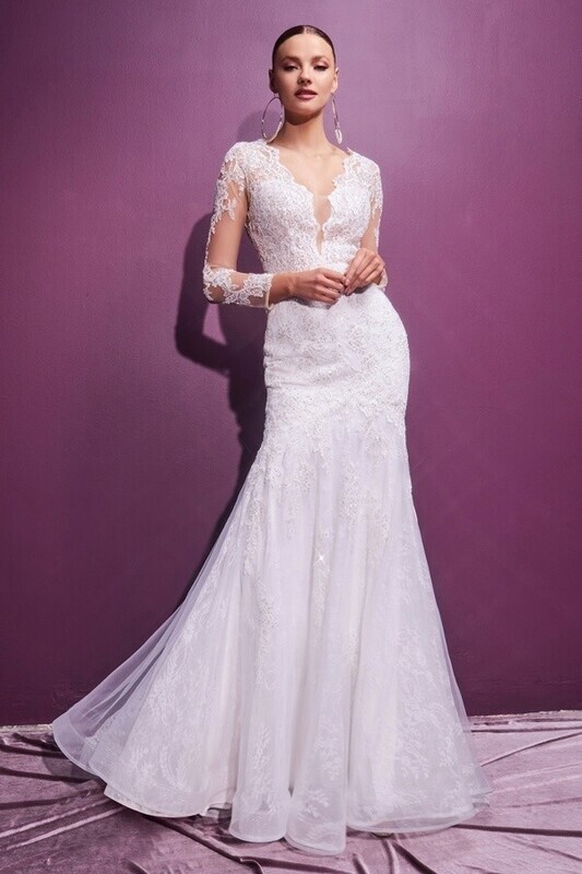 Mermaid lace wedding gown with long illusion sleeves and lace