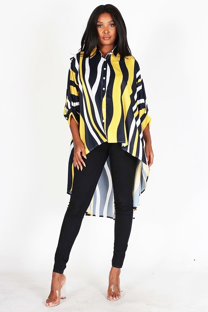 Multi stripe Printed, collared button down, long body top in an oversized fit