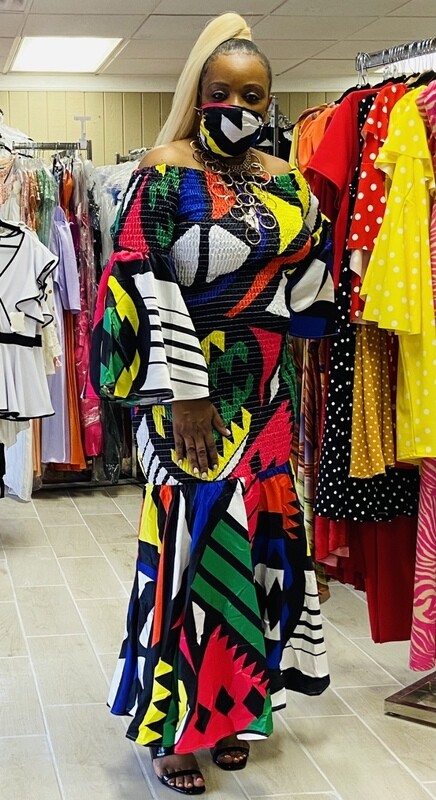 PLUS LONG SLEEVE OFF SHOULDER MULTI COLOR RUCHED MERMAID MAXI DRESS