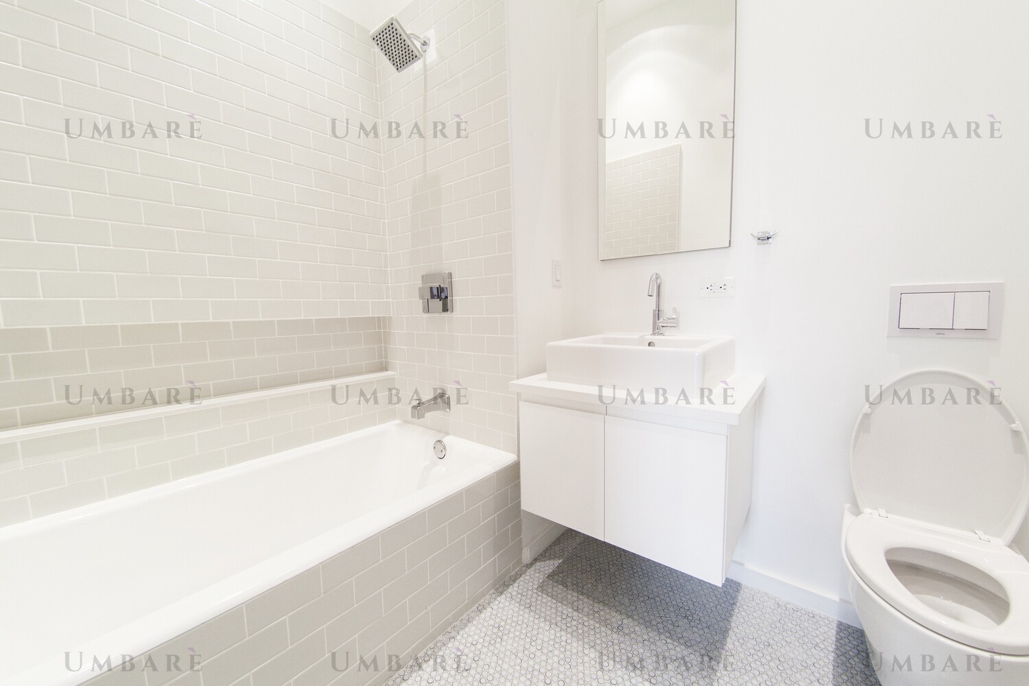 Bath Surround Tiled Walls, with New Showerhead and Controls