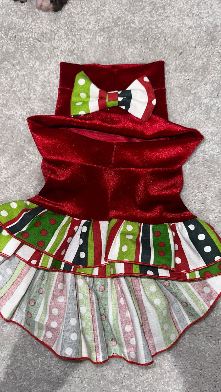 Holiday Dress Polka And Stripes On Red Velvet W Matching Bow (Large)