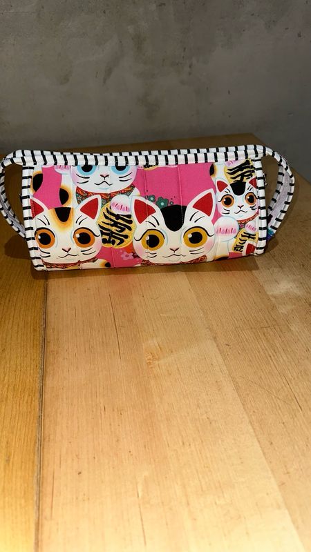 Lucky Cat Zipper Bag W Black And White Striped Binding