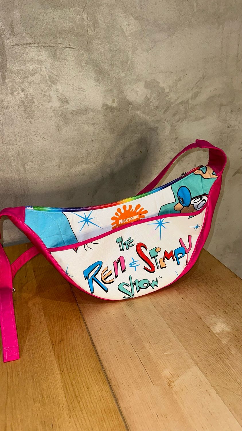 Ren &amp; Stimpy Crescent Bag W Hot Pink Trim And Ric Rac Lining