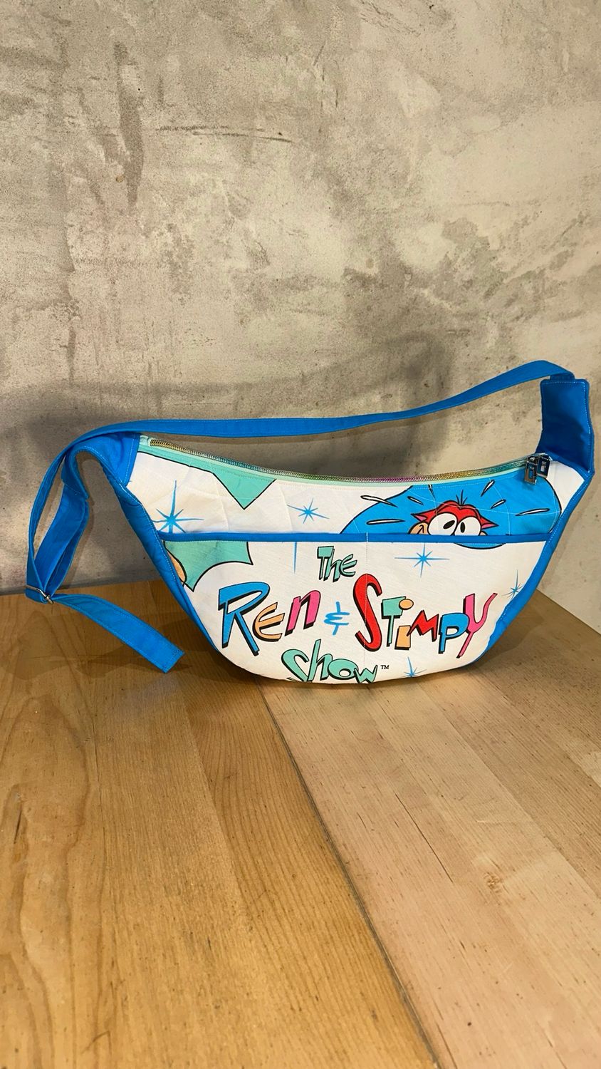 Ren &amp; Stimpy Crescent Handbag W Blue Trim And Starburst Lining