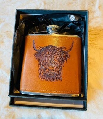 'Highland Cow' Leather Hip Flask