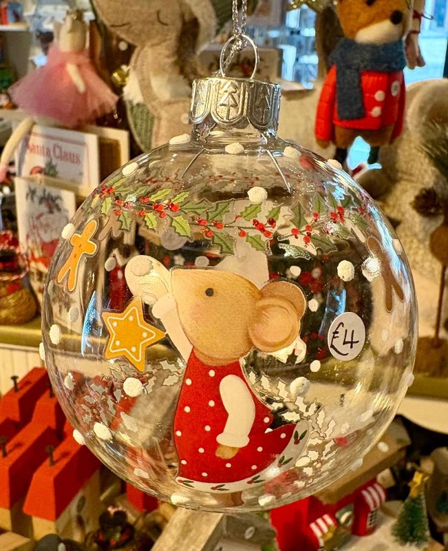 'Holly Mouse' Clear Glass Bauble