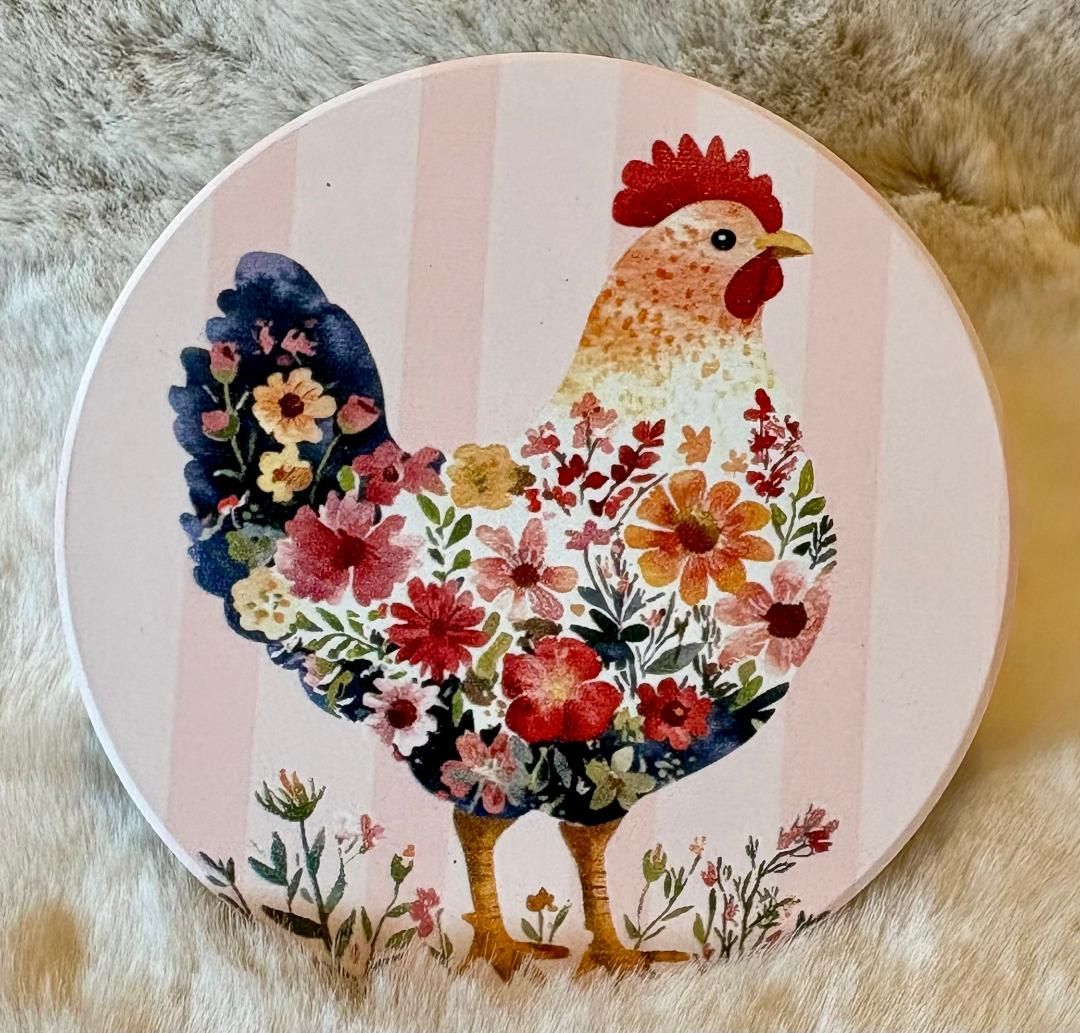 'Floral Chicken' Ceramic Coaster