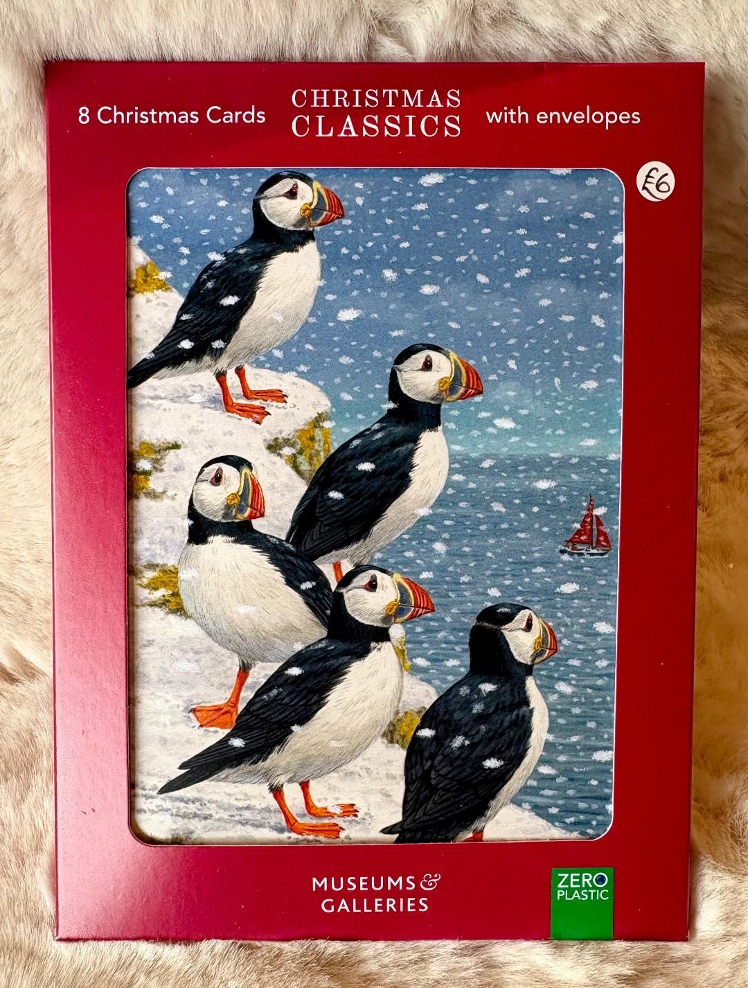 'Puffins/Snow' Pk8 Xmas Cards
