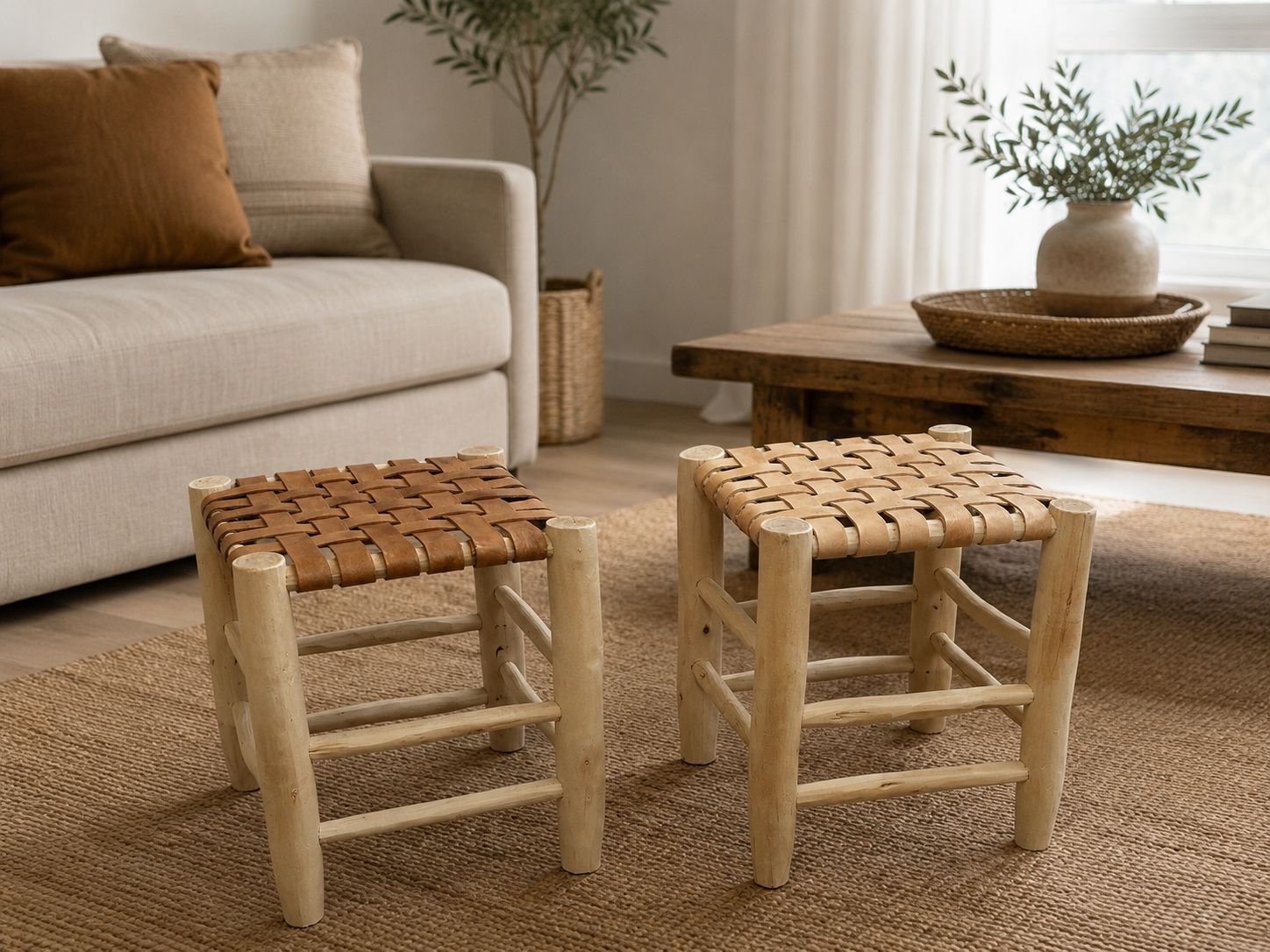 Taburete Safar cuero beige 42 cm