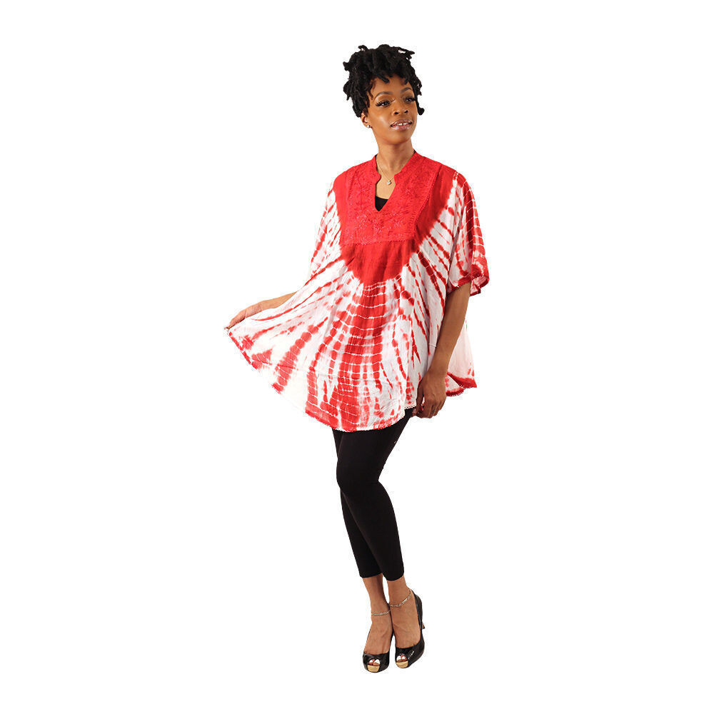 Tie Dye Embroidered Poncho, Color: Red