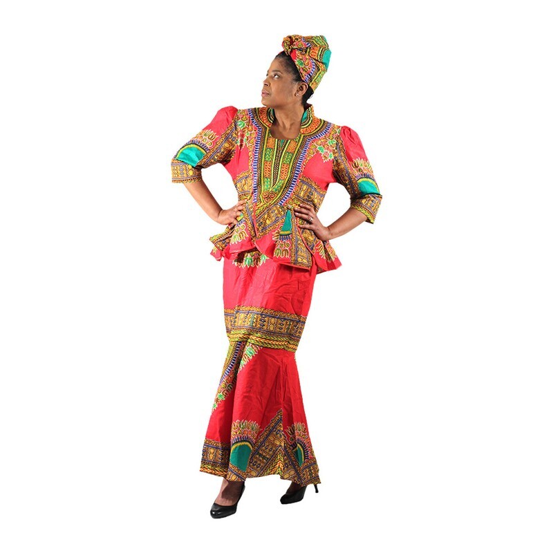 traditional print luxury skirt set with matching headwrap