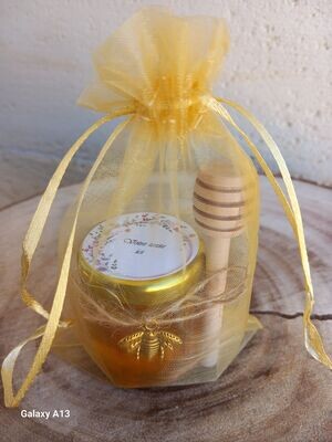Mini pots de miel 40 ml avec cuillière à miel et son sachet doré