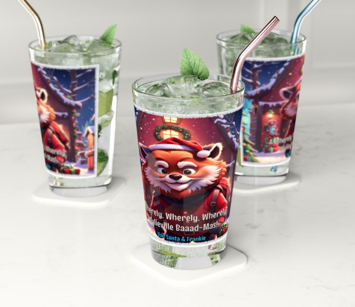 Wylieville: Bad Santa - Baaad Mas! On The Rocks Pint Glass, 16oz