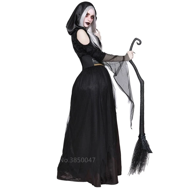 Witch Gothic Bride Halloween Dress for Women Scary Costume Skeleton Hodded Day of The Dead Carnival Party Vampire Cosplay horror