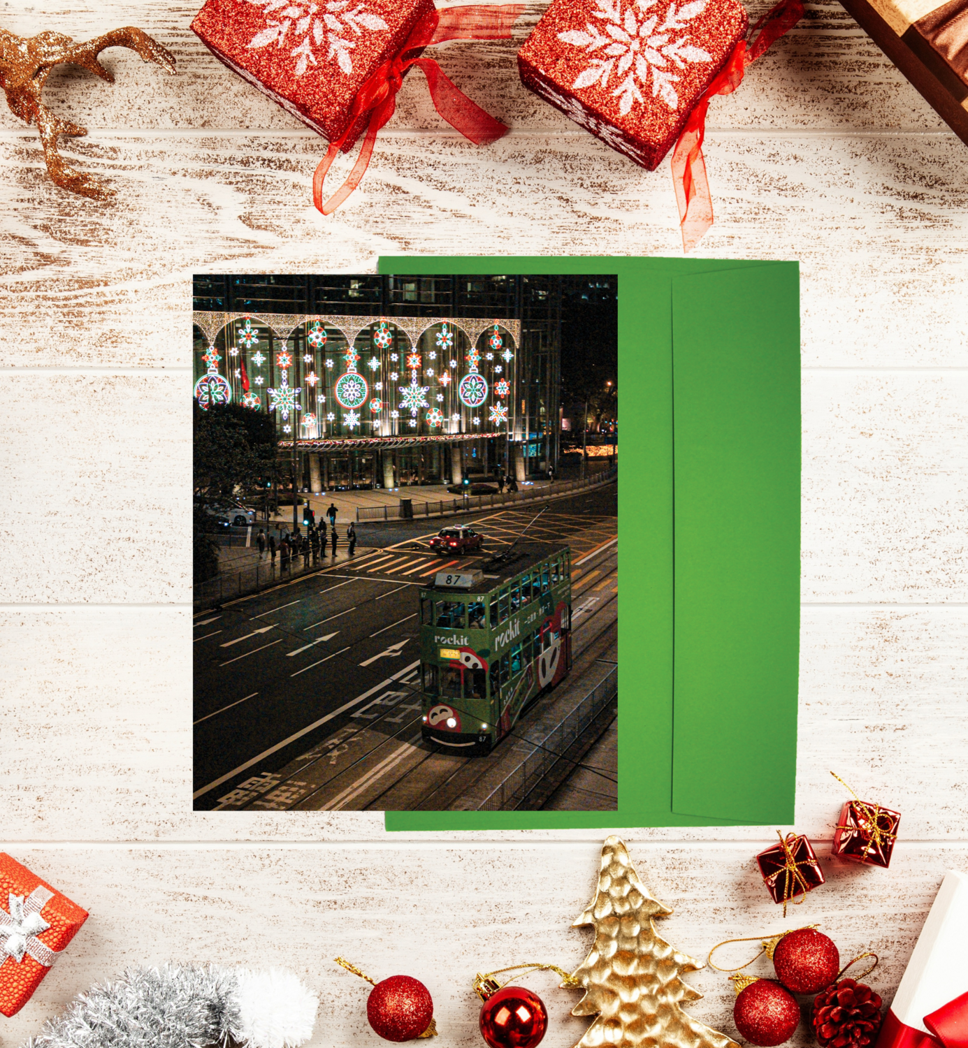 2022 HK Christmas Card 2: Tram passing through Christmas Lights