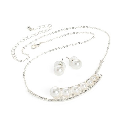White pearl effect & crystal necklace, stud earring set White pearl effect & crystal necklace, stud earring set