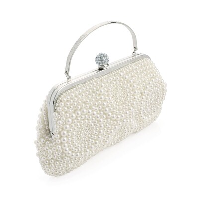 Rhodium colour crystal and white pearl effect bead clutch bag Rhodium colour crystal and white pearl effect bead clutch bag