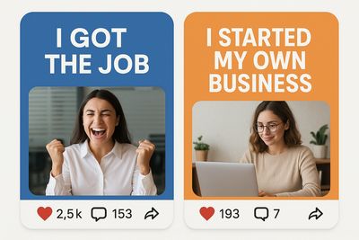 I got the job vs i started my own business. Person receiving applause for a job offer contrasted with an entrepreneur working alone—highlighting the difference in support.