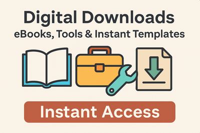 Digital downloads banner with eBooks, templates, and tools. Instant access for entrepreneurs and online business growth.