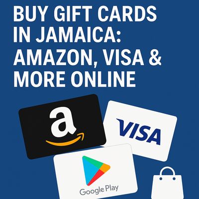 Promotional image showing Amazon, Visa, and Google Play gift cards with bold white text reading &#39;Buy Gift Cards in Jamaica&#39;.