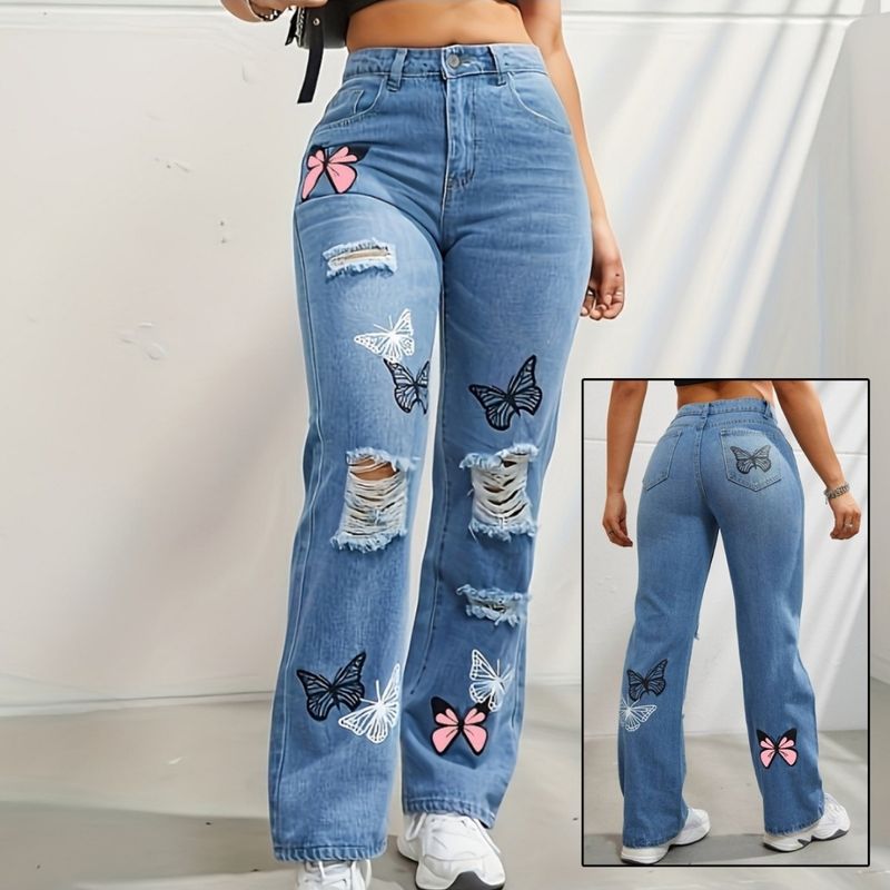 Butterfly print high-waist ripped jeans for women in Jamaica – front and back view of blue denim with pink and black.