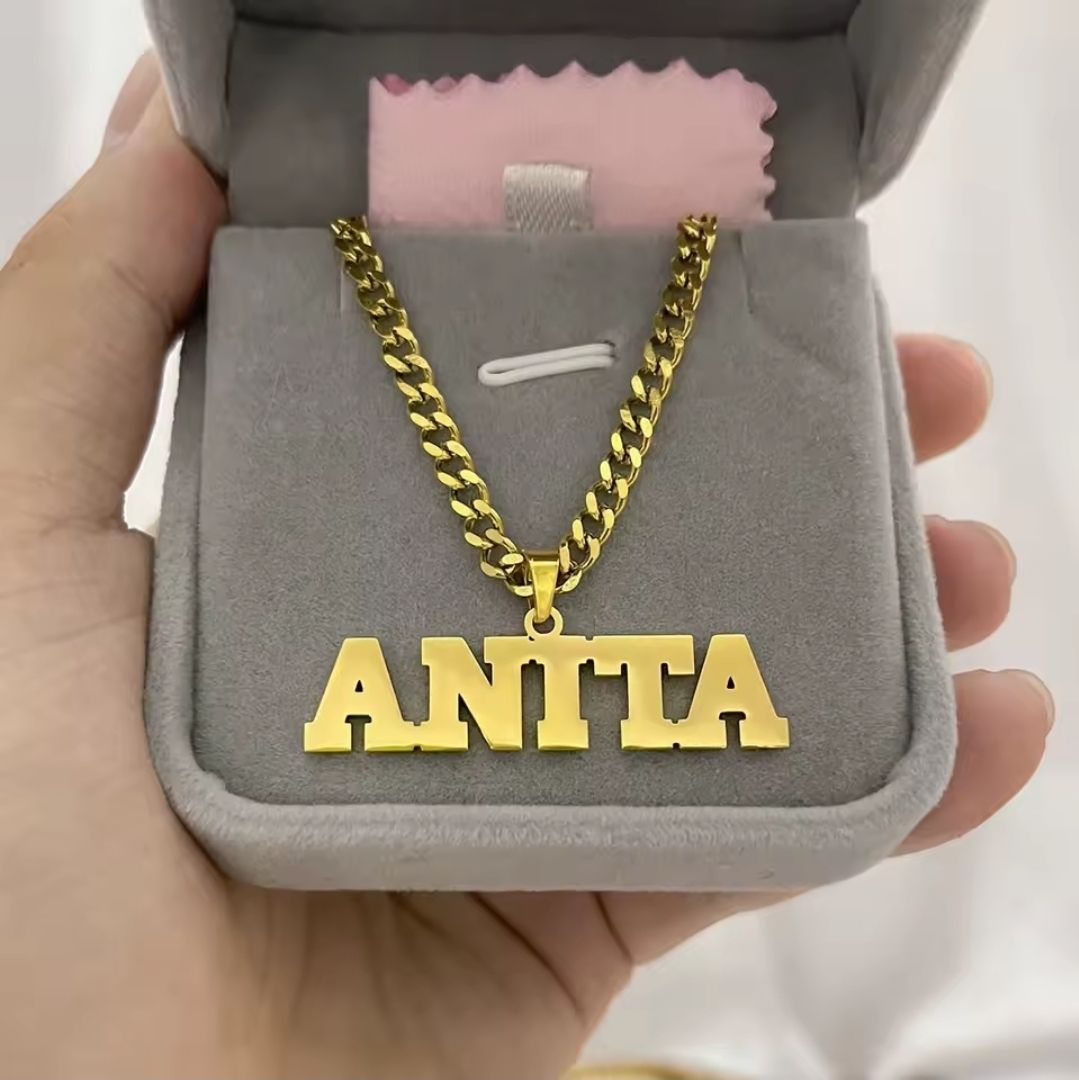 Custom gold name necklace with Cuban chain, personalized pendant jewelry for men and women in Jamaica, gift-ready box.