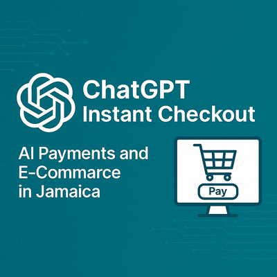 Feature image showing ChatGPT Instant Checkout with AI payments, shopping cart icon, and e-commerce theme for Jamaica 2025.