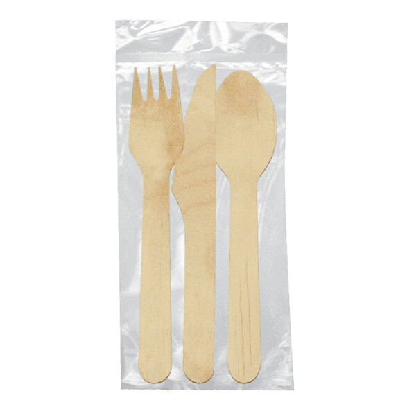 SET FOURCHETTE, COUTEAU, CUILLÈRE 'MAKAN' 16 CM NATUREL BOIS - pack 100U