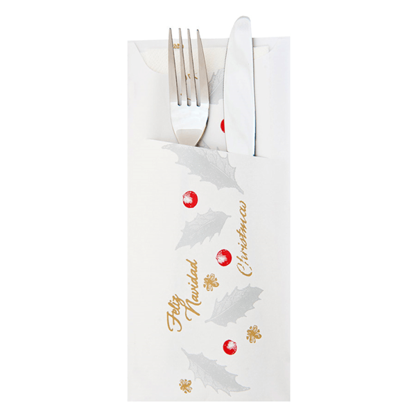 Sachets pour couverts + Serviettes blanches "New Noël"- carton 250U