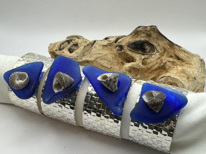 Set of 4 Silver Sea Glass & Shell Napkin Rings