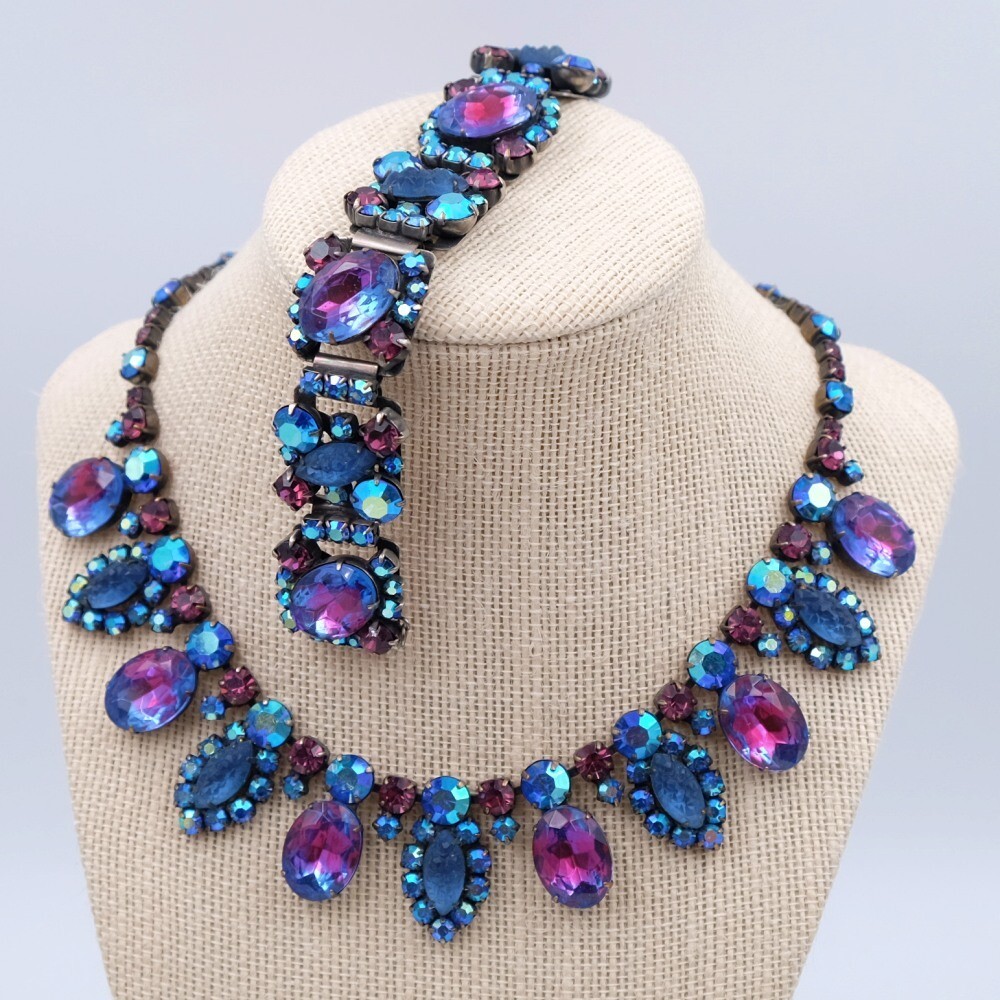 Vintage Deep Blue Necklace and Bracelet set 1950s USA