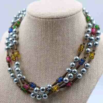 Vintage Miriam Haskell Grey Faux Pearls Necklace 1950s