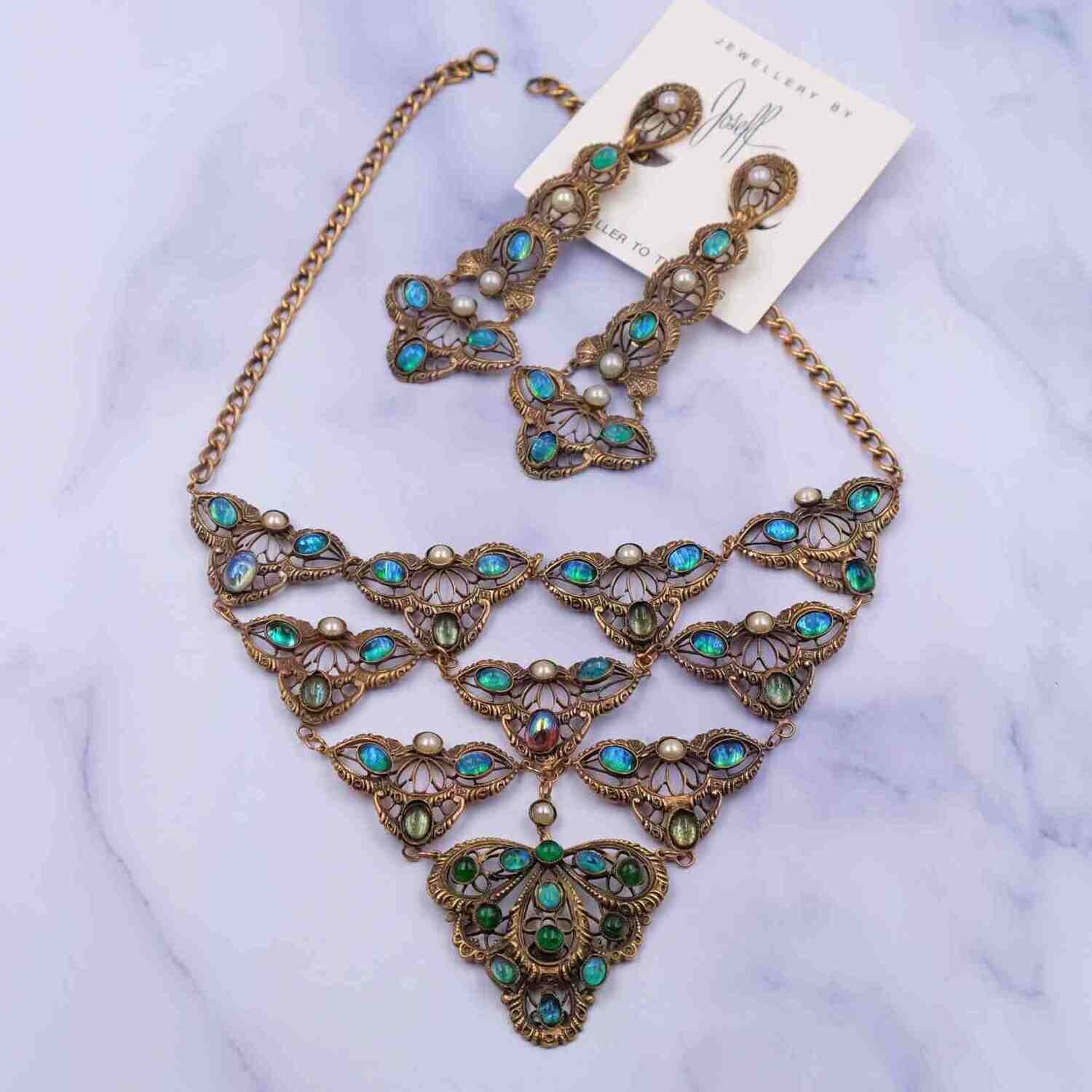 Very Collectible Joseff of Hollywood Art Nouveau Necklace and Earrings Set 1940’s