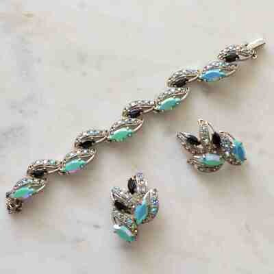 Vintage Elsa Schiaparelli Frosted Blue Set Bracelet and Earrings 1960's