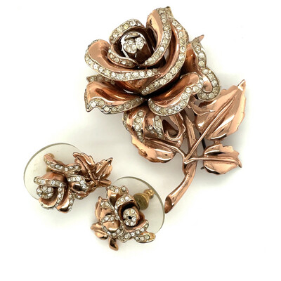 CoroCraft Sterling Rose Brooch and upcycled earrings 1940’s