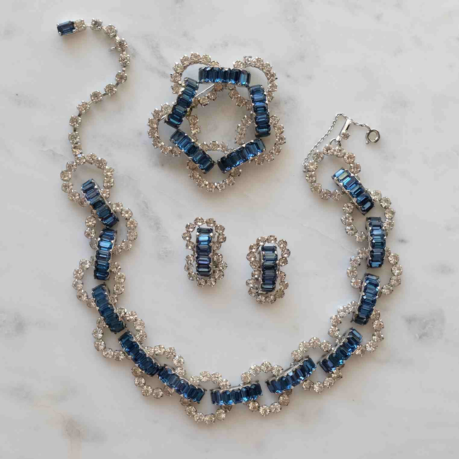 Vintage Christian Dior By Mitchel Maer Blue Rhinestones Set Brooch, Necklace, Earrings 1950’s