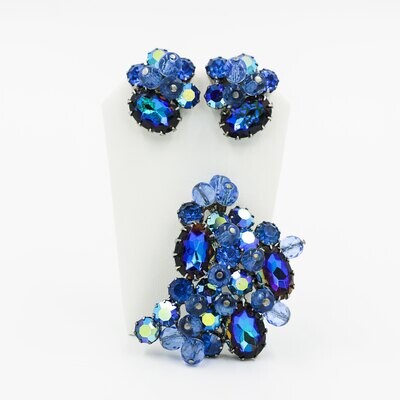 Vintage Blue Crystal Brooch and Earrings Set